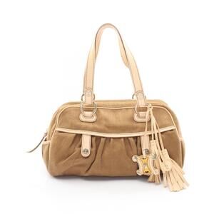 Celine Macadam Tassel Handbag Canvas Leather Beige Brown Cream